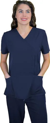 Vista 6 de Green Town Ropa quirúrgica para mujer – Mock Wrap Cuello en V, 3 bolsillos, ligera, tela elástica, fácil cuidado Negro