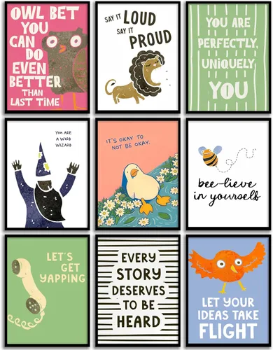 Vista 12 de 9 piezas de arte de pared con citas inspiradoras coloridas motivacionales positivas para el aula, imágenes de mentalidad de crecimiento, profesor