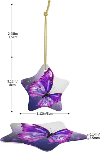 Vista 2 de Adornos de árbol de Navidad colgantes de mariposa morada, adornos de cerámica, decoración de porcelana de Navidad, adorno colgante para el hogar
