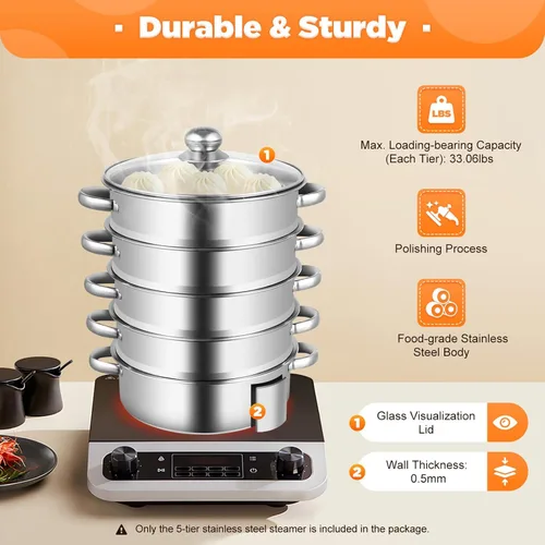 Vista 3 de Olla de vapor para cocinar de acero inoxidable de 5 niveles, vaporizador de carne, verduras, cocina, cocina, utensilios de cocina de múltiples capas