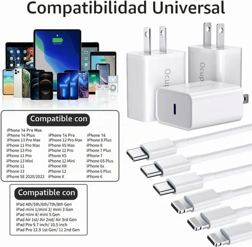 Vista 6 de Cargador de carga rápida para iPhone 14, 13, 12, 11 [certificado MFi], paquete de 3 bloques de cargador de pared USB C PD de 20W con cable USB C a