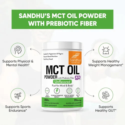 Vista 2 de Sandhu's MCT Aceite en polvo con fibra prebiótica 35 porciones Orgánico - Keto Combustible de ácidos grasos para cuerpo y cerebro 100%