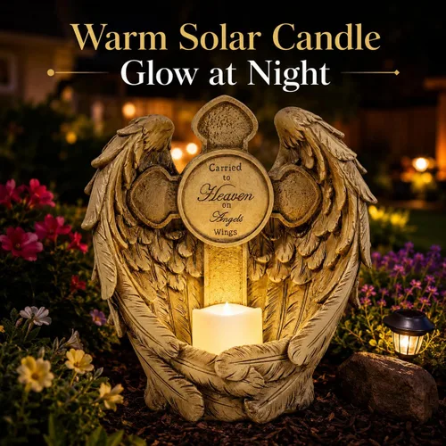 Vista 5 de Estatua conmemorativa de alas de ángel solar con vela LED y cruz, decoración de tumbas de resina resistente a la intemperie para cementerio, regalos