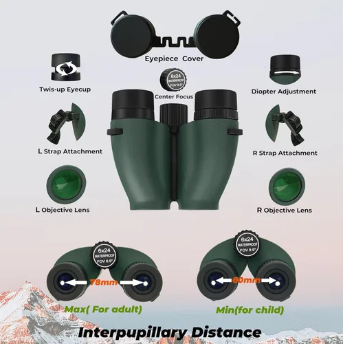 Vista 7 de Binoculares compactos HD de 6 x 24, enfoque cercano de 1.6 ft, impermeables, a prueba de niebla, IPX7, prismáticos BAK-4 para observación de aves