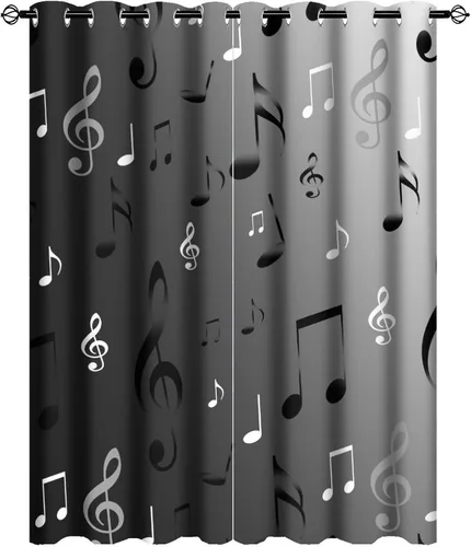 Vista 36 de Cortinas opacas de oscurecimiento de habitación con ojales, diseño rústico de símbolos musicales blancos y negros, tratamiento de ventana