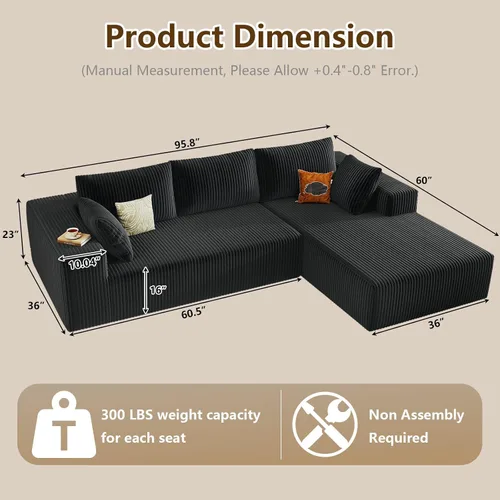 Vista 2 de Sofá seccional modular de 96", sofá en forma de L tipo nube sin estructura con chaise lounge, tapizado de pana con asiento profundo de espuma Negro