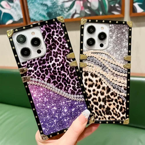 Vista 2 de Funda cuadrada de lujo compatible con iPhone 13 Pro Max de 6.7 pulgadas, funda de leopardo brillante, silicona suave y brillante a prueba de golpes