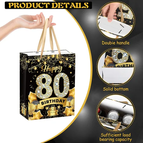 Vista 3 de Black Gold - Bolsa de regalo de cumpleaños número 80, bolsas doradas y negras con papel de seda y tarjeta, bolsas de regalo para hombres, mujeres