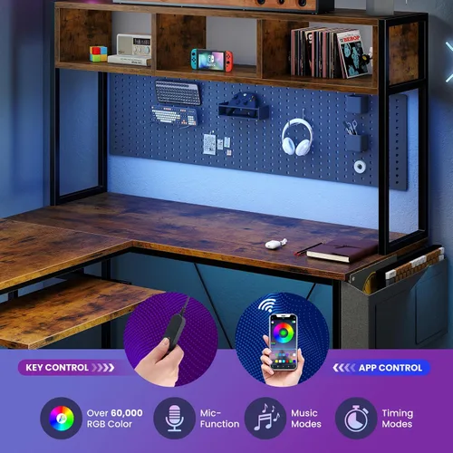 Vista 5 de DUMOS Escritorio para juegos en forma de L de 67 pulgadas, escritorio reversible para computadora con luces LED, mesa esquinera con bandeja