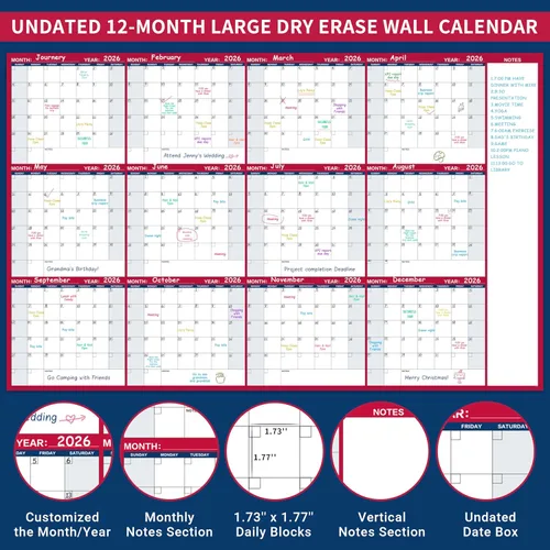 Vista 3 de Calendario grande de borrado en seco para pared, calendario anual de pared, 58 x 37 pulgadas, calendario en blanco sin fecha de 12 meses, calendario