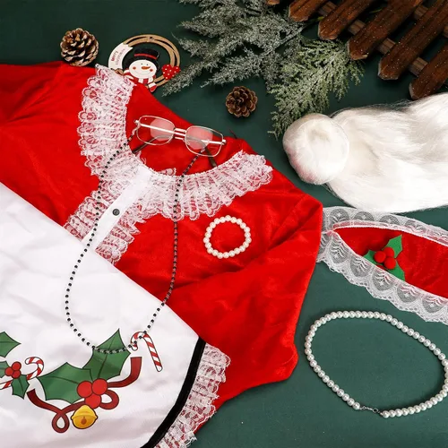 Vista 5 de 10 piezas de disfraz de Sra. Santa para mujer, vestido clásico de Papá Noel, capó, delantal, peluca para adultos, disfraz de Navidad, fiesta