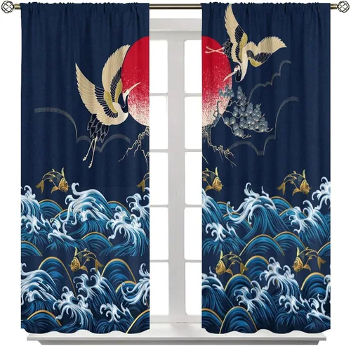 Vista 3 de Cortinas de estilo japonés, grúas onduladas, luna llena dorada, cortinas opacas para sala de estar, dormitorio, puerta Noren, azul marino, peces