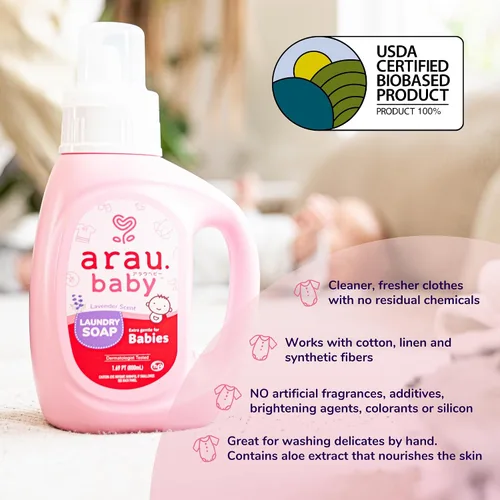 Vista 4 de Arau Baby Essentials Bundle - Jabón de lavandería, jabón corporal de espuma, jabón de botella de espuma, productos a base de jabón, suave