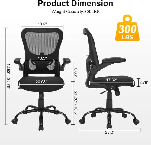 Vista 3 de Silla de oficina ergonómica de malla, soporte lumbar ajustable, brazos abatibles, silla giratoria para computadora con respaldo transpirable