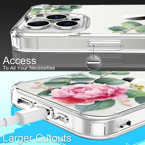 Vista 4 de Funda para iPhone 13 Pro con protector de pantalla, 6.1 pulgadas, transparente, de cuerpo completo, a prueba de golpes, diseño floral, para niñas