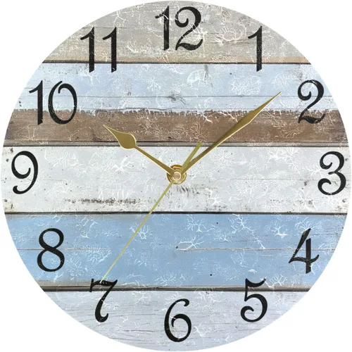 Vista 20 de Reloj de pared rústico retro con puerta de granero de madera, marrón, azul, funciona con pilas, silencioso, sin tictac, 10 pulgadas, reloj de mesa