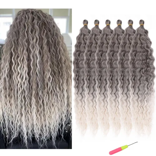 Vista 41 de Extensiones de cabello ondulado con ganchillo Ocean Wave de 18 pulgadas, 6 paquetes, extensiones de cabello de ganchillo sueltas de onda profunda #1B