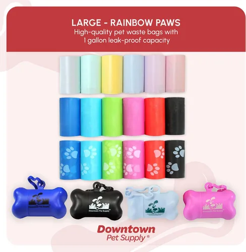 Vista 8 de Downtown Pet Supply Bolsas para excrementos con estampado de huellas de arcoíris (520 CT y 2 dispensadores), a prueba de fugas, sin perfume, se