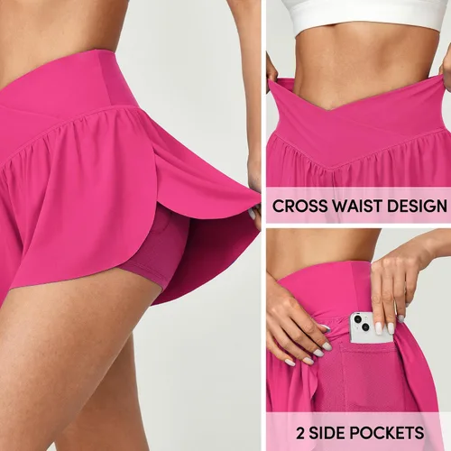 Vista 3 de IUGA Pantalones cortos fluidos 2 en 1, pantalones cortos de mariposa, pantalones cortos para correr cruzados para mujer, pantalones cortos atléticos