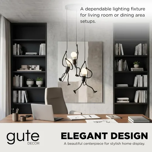 Vista 3 de Lámpara colgante de hombre colgante, accesorio humanoide oscilante, techo, lámpara industrial negra moderna de montaje de 3 luces, figura de palo