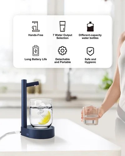 Vista 5 de Dispensador de agua de escritorio para botella de 5 galones, bomba de agua eléctrica portátil pequeña para jarra de 5 galones para el hogar, Azul