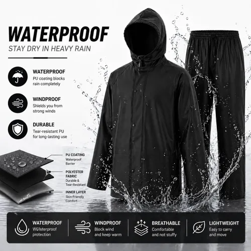 Vista 2 de Rain Suit For Men & Women Waterproof Heavy Duty Rain Gear Reflective Jacket for Fishing Outdoor Work Raincoats Negro