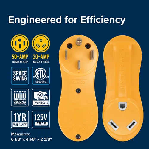 Vista 4 de Camco Power Grip - Adaptador eléctrico de compensación - Adaptador de corriente RV de 50 amperios a 30 amperios - Diseño de compensación
