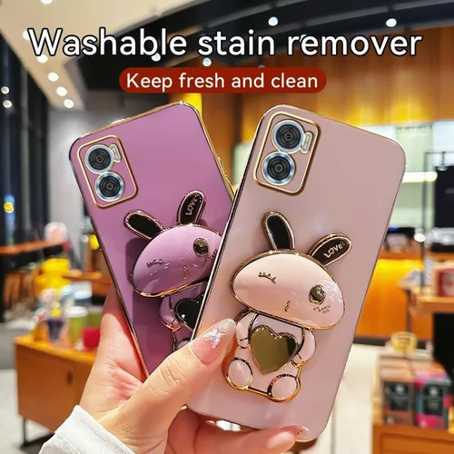 Vista 6 de Funda de silicona compatible con Motorola E22 con lindo soporte de conejo de dibujos animados para Motorola E22 Slim TPU galvanizado antihuellas 1