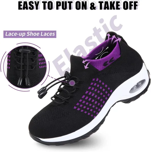 Vista 4 de STUNAHOME Tenis sin cordones para mujer, parte inferior gruesa, con cojín de aire, zapatos de malla transpirable, zapatos ortopédicos para mujer