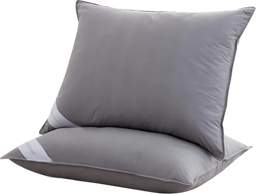 Vista 2 de Juego de 2 almohadas estándar de plumas de ganso para hotel, color gris, 100% algodón suave, almohadas de apoyo