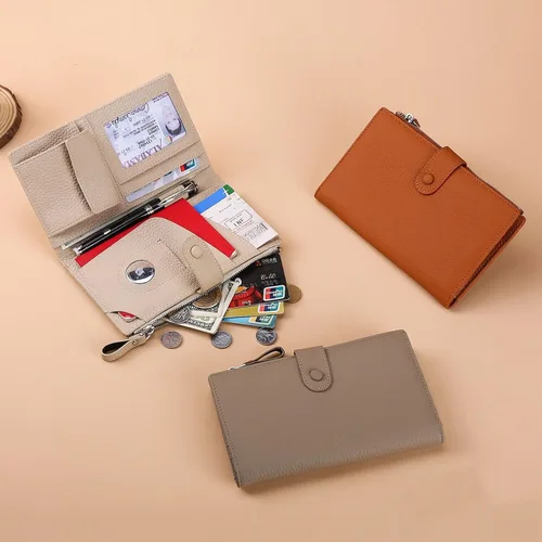 Vista 5 de Cartera para mujer, con cremallera y bolsillo para monedas, con bloqueo Rfid, billetera delgada de cuero para mujer, Beige, Classic