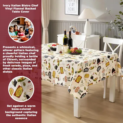 Vista 5 de Newbridge Mantel rectangular de vinilo de 52 x 70 pulgadas con reverso de franela, bistró chef italiano, chef novedoso para interiores y exteriores