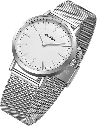 Vista 4 de BOSHIYA Reloj con banda elástica para mujer Easy Reader de 1.181 in analógico de cuarzo con correa elástica de acero inoxidable, impermeable, reloj