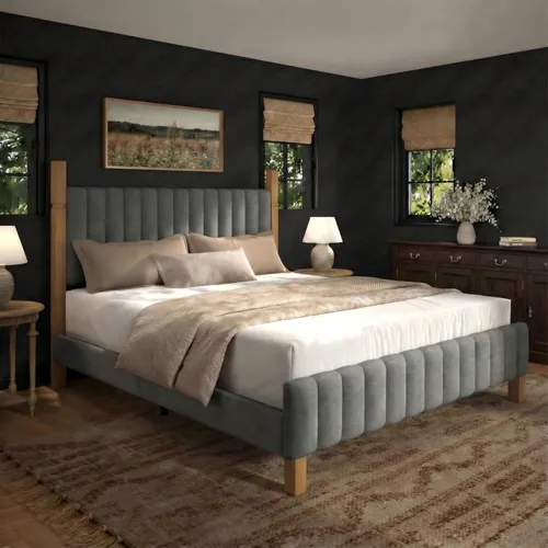 Vista 12 de Yechen Marco de cama de madera de tamaño matrimonial con cabecero, postes de madera maciza y plataforma de pies, no necesita somier, lino beige