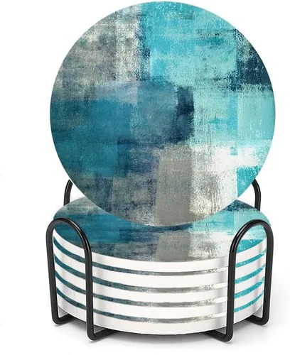 Vista 9 de LOKMU Posavasos para bebidas, juego de 6 posavasos redondos de cerámica absorbente con soporte de metal, posavasos de arte abstracto negro y gris