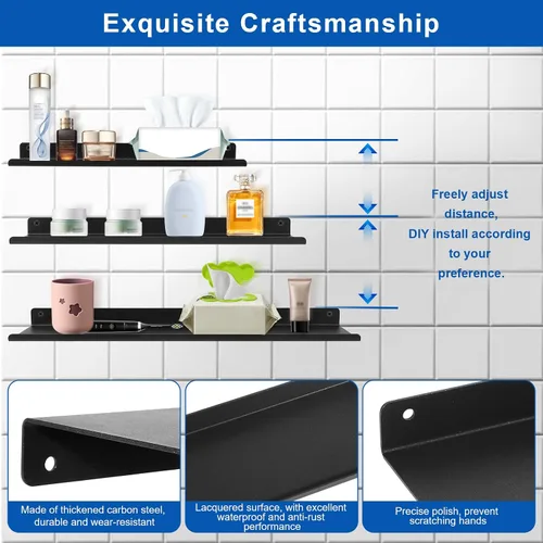 Vista 3 de Uten Estantes flotantes, estantes de hierro para montar en la pared, juego de 3, estantes de hierro para almacenamiento de baño, organizador