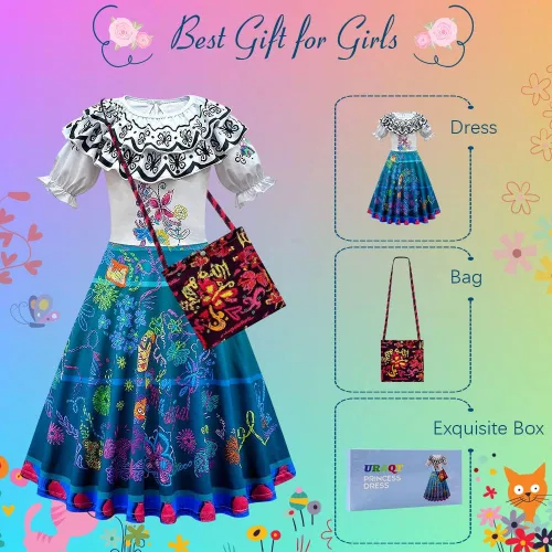 Vista 3 de URAQT Mirabel - Vestido de disfraz 2022, fantástico vestido Mirabel para niñas con bolsa, vestido de princesa Madrigal para niña