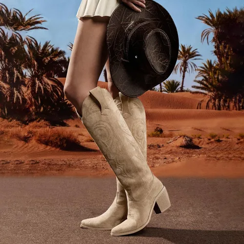 Vista 2 de wetkiss Botas vaqueras para mujer, hasta la rodilla, botas vaqueras para mujer, con diamantes de imitación, cómodas, a la moda, altas y brillantes