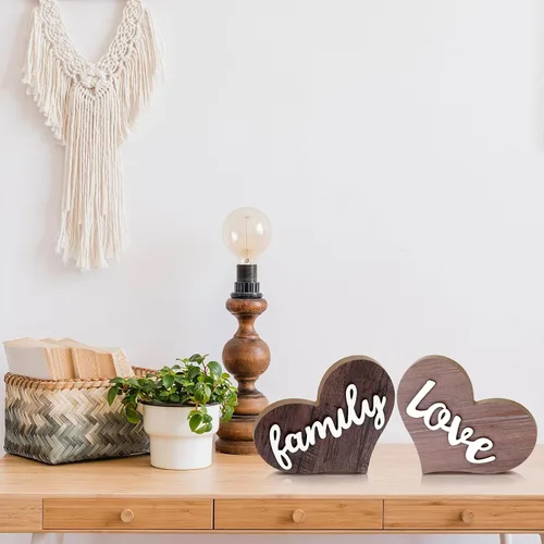 Vista 4 de Jetec 2 piezas de decoración de madera en forma de corazón, centro de mesa rústico familiar para el hogar, sala de estar, dormitorio, cocina