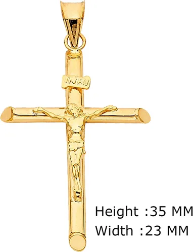 Vista 2 de Colgante de cruz grabado de Jesús de oro amarillo de 14 quilates acabado pulido con dije de crucifijo símbolo espiritual hecho a mano joyería fina