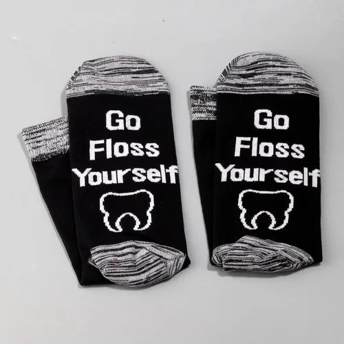 Vista 4 de LEVLO Divertidos regalos para dentistas dentales, calcetines con texto en inglés Go Floss Yourself, regalos para higienista dental, dentista