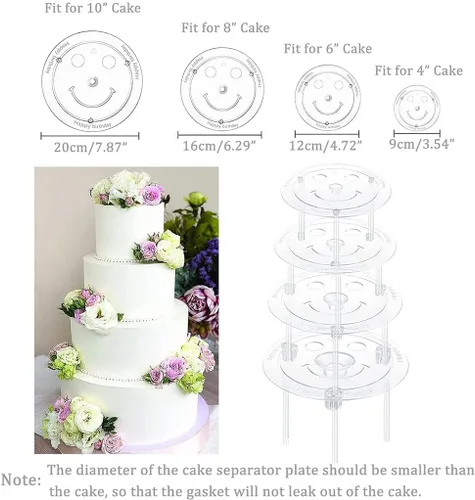 Vista 5 de Smiley - Juego de varillas de plástico para tartas, 12 varillas de plástico blanco para pasteles, 12 piezas apilables transparentes y 4 platos