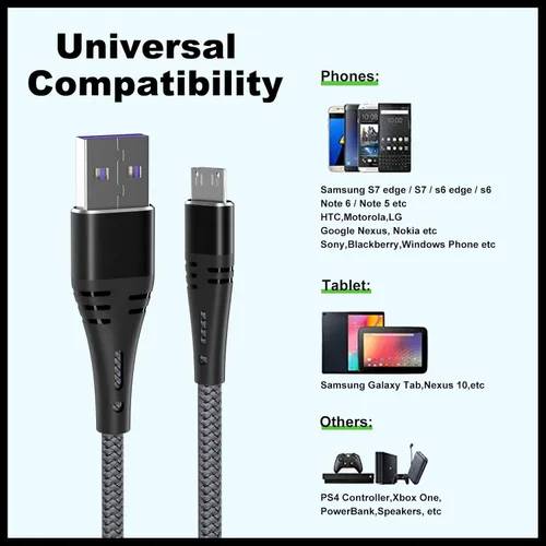 Vista 2 de Cable micro USB, paquete de 3 cables de carga Android, cargador rápido micro USB trenzado de nailon de 6 pies para Samsung Galaxy S6 S7 Edge, Moto