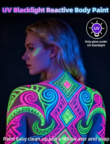 Vista 4 de 6 botellas, 28.3 g Pintura UV para el cuerpo brillante con luz negra fluorescente, segura para la piel, lavable, no tóxica, kit de seis
