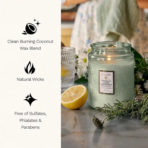 Vista 4 de Vela en frasco de vidrio grande de enebro francés y lavanda, 100 horas, 16 oz, Voluspa Coconut Wax Blend in Decorative Glass, Clean Even Burn, USA