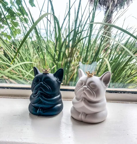 Vista 3 de Estatua de Bulldog francés francés, hecha a mano, súper linda, estatua Zen sentada (blanco)