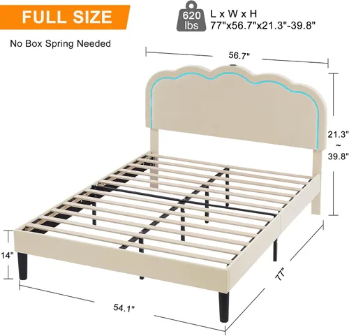 Vista 2 de VECELO - Base de cama tapizada tamaño matrimonial con cabecera ajustable, luces LED, USB-A y tipo-C, plataforma de cama de terciopelo sin ruido