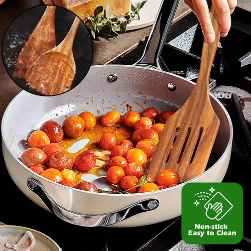 Vista 7 de Juego de utensilios de cocina de teca natural con soporte, cucharas de madera para cocinar, juego de 10 espátulas de cocina con soporte