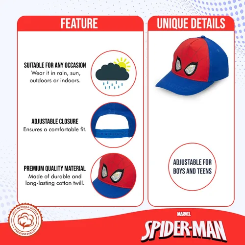 Vista 2 de Marvel Spiderman Hat for Boys, Breathable Spiderman Baseball Cap for Toddlers, Boys Ages 3-9