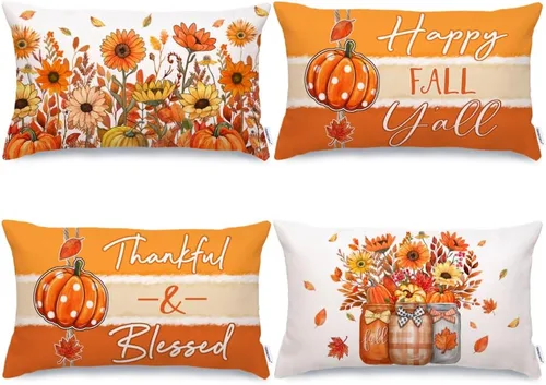 Vista 16 de GEEORY Juego de 4 fundas de almohada de camión de calabaza de otoño de 18 x Naranja y blanco